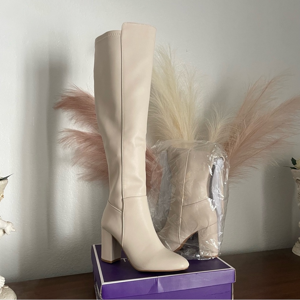 TOP Moda Cream Over the Knee Boots with Stiletto Heel